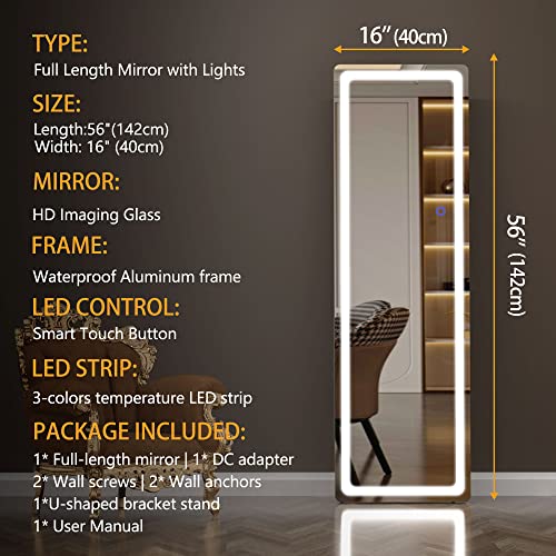 LED Adjustable Full-Length Mirror with 3 Light Colors