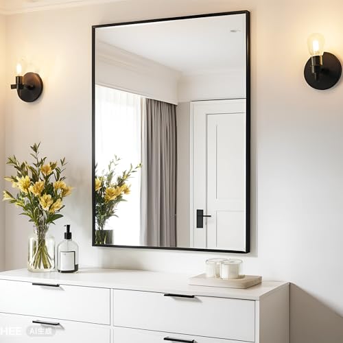 Modern Black Rectangular Wall Mirror 30"x36