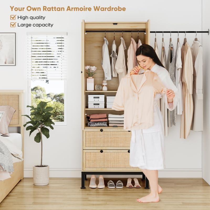 Natural Rattan Woven Wardrobe with Adjustable Shelves