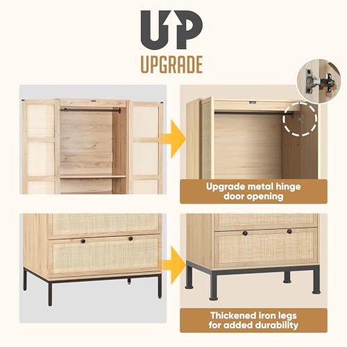 Natural Rattan Woven Wardrobe with Adjustable Shelves