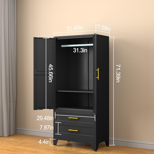 71-Inch Metal Wardrobe with Adjustable Shelves