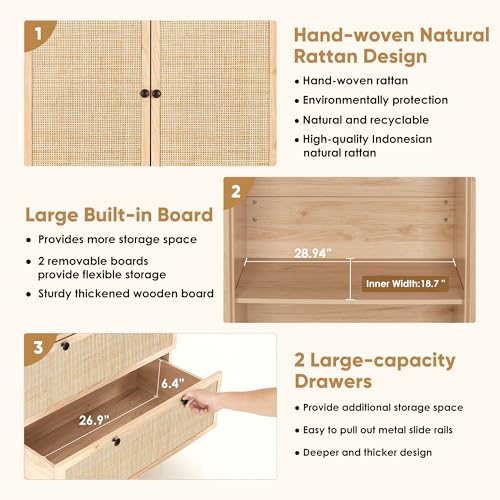 Natural Rattan Woven Wardrobe with Adjustable Shelves