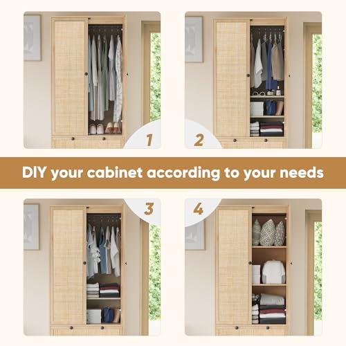 Natural Rattan Woven Wardrobe with Adjustable Shelves