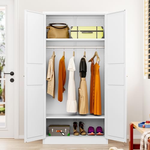 Metal Wardrobe Cabinet with Hanging Rod,White Armoire Wardrobe Closet,Metal Clothing Storage Cabinet with Adjustable Shelves and Doors,72" Wardrobe Storage Cabinet for Home,Living/Laundry Room