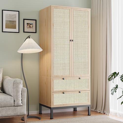 Yechen Natural Rattan Armoire Storage Cabinet, 74" Tall Armoire Closet with Doors, Adjustable Shelves and Drawers, Large Wooden Armoire Wardrobe with 2 Hanging Rods for Bedroom Utility Pantry