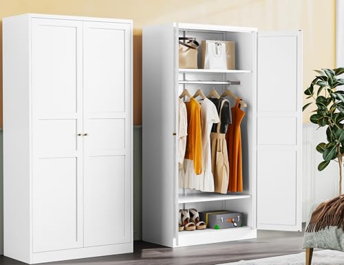 Metal Wardrobe Cabinet with Hanging Rod,White Armoire Wardrobe Closet,Metal Clothing Storage Cabinet with Adjustable Shelves and Doors,72" Wardrobe Storage Cabinet for Home,Living/Laundry Room