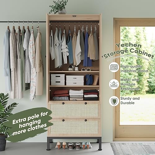 Yechen Natural Rattan Armoire Storage Cabinet, 74" Tall Armoire Closet with Doors, Adjustable Shelves and Drawers, Large Wooden Armoire Wardrobe with 2 Hanging Rods for Bedroom Utility Pantry