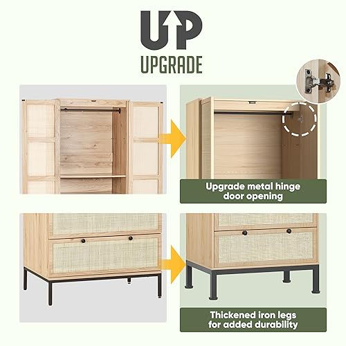 Yechen Natural Rattan Armoire Storage Cabinet, 74" Tall Armoire Closet with Doors, Adjustable Shelves and Drawers, Large Wooden Armoire Wardrobe with 2 Hanging Rods for Bedroom Utility Pantry