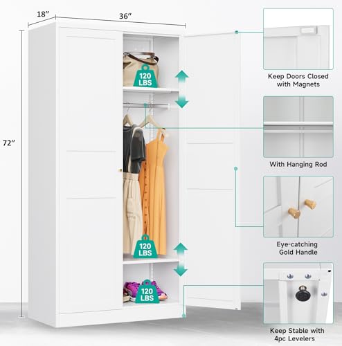Metal Wardrobe Cabinet with Hanging Rod,White Armoire Wardrobe Closet,Metal Clothing Storage Cabinet with Adjustable Shelves and Doors,72" Wardrobe Storage Cabinet for Home,Living/Laundry Room