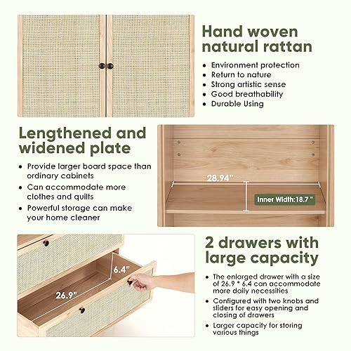 Yechen Natural Rattan Armoire Storage Cabinet, 74" Tall Armoire Closet with Doors, Adjustable Shelves and Drawers, Large Wooden Armoire Wardrobe with 2 Hanging Rods for Bedroom Utility Pantry