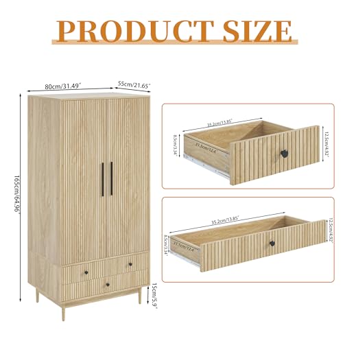 Fsbecl Armoire Wardrobe Closet with 2 Fluted Doors Wardrobe Cabinet with Shelves and Hanging Rod Freestanding Clost Modern Wooden Bedroom Armoire Cabinet Clothing Organizer with Drawers (Natural)