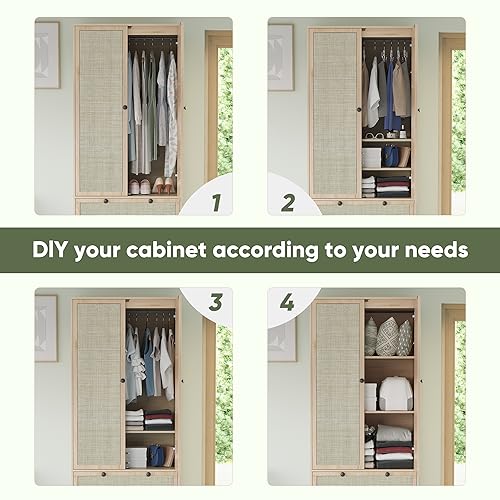 Yechen Natural Rattan Armoire Storage Cabinet, 74" Tall Armoire Closet with Doors, Adjustable Shelves and Drawers, Large Wooden Armoire Wardrobe with 2 Hanging Rods for Bedroom Utility Pantry
