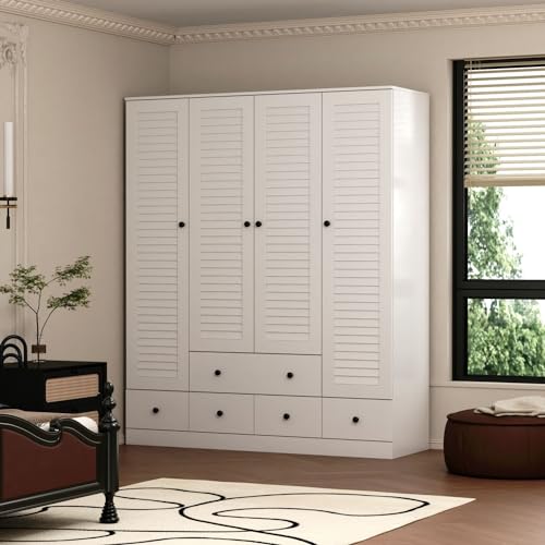 MOUMON 4 Shutter Door Wardrobe Armoire Closet with Shelves and Drawers, Armoire Wardrobe Closet with 2 Hanging Rods, for Bedroom White (59”W x 19”D x 70.9”H)