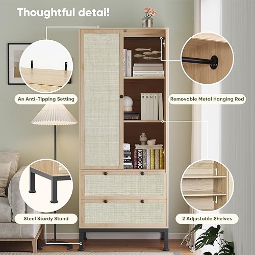 Yechen Natural Rattan Armoire Storage Cabinet, 74" Tall Armoire Closet with Doors, Adjustable Shelves and Drawers, Large Wooden Armoire Wardrobe with 2 Hanging Rods for Bedroom Utility Pantry