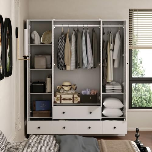 MOUMON 4 Shutter Door Wardrobe Armoire Closet with Shelves and Drawers, Armoire Wardrobe Closet with 2 Hanging Rods, for Bedroom White (59”W x 19”D x 70.9”H)