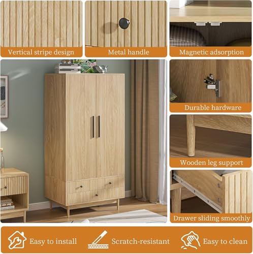 Fsbecl Armoire Wardrobe Closet with 2 Fluted Doors Wardrobe Cabinet with Shelves and Hanging Rod Freestanding Clost Modern Wooden Bedroom Armoire Cabinet Clothing Organizer with Drawers (Natural)