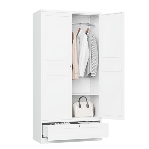 MIIIKO Wardrobe Closet with Drawer, 2 Doors Clothes Cabinet, 72" Metal Storage Cabinets with Hanging Rod, Bedroom Armoires Laundry Room and Office Clothes Storage Organizer Cabinets