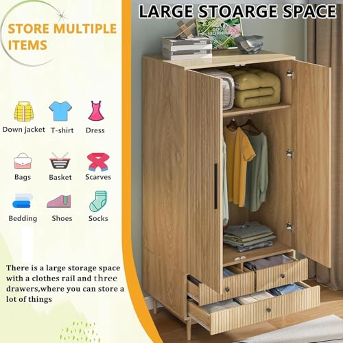 Fsbecl Armoire Wardrobe Closet with 2 Fluted Doors Wardrobe Cabinet with Shelves and Hanging Rod Freestanding Clost Modern Wooden Bedroom Armoire Cabinet Clothing Organizer with Drawers (Natural)