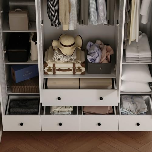 MOUMON 4 Shutter Door Wardrobe Armoire Closet with Shelves and Drawers, Armoire Wardrobe Closet with 2 Hanging Rods, for Bedroom White (59”W x 19”D x 70.9”H)