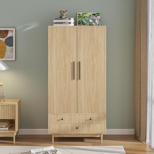 Fsbecl Armoire Wardrobe Closet with 2 Fluted Doors Wardrobe Cabinet with Shelves and Hanging Rod Freestanding Clost Modern Wooden Bedroom Armoire Cabinet Clothing Organizer with Drawers (Natural)