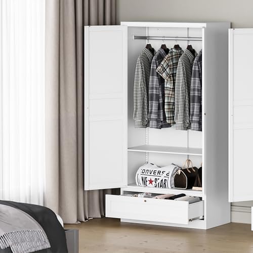 MIIIKO Wardrobe Closet with Drawer, 2 Doors Clothes Cabinet, 72" Metal Storage Cabinets with Hanging Rod, Bedroom Armoires Laundry Room and Office Clothes Storage Organizer Cabinets