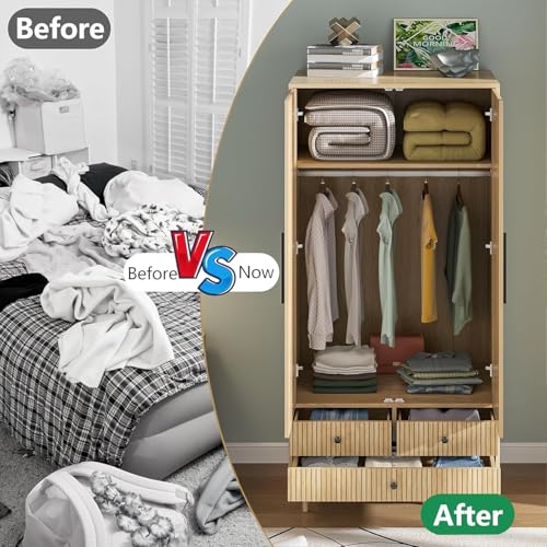 Fsbecl Armoire Wardrobe Closet with 2 Fluted Doors Wardrobe Cabinet with Shelves and Hanging Rod Freestanding Clost Modern Wooden Bedroom Armoire Cabinet Clothing Organizer with Drawers (Natural)