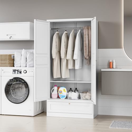 MIIIKO Wardrobe Closet with Drawer, 2 Doors Clothes Cabinet, 72" Metal Storage Cabinets with Hanging Rod, Bedroom Armoires Laundry Room and Office Clothes Storage Organizer Cabinets