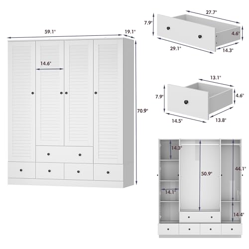 MOUMON 4 Shutter Door Wardrobe Armoire Closet with Shelves and Drawers, Armoire Wardrobe Closet with 2 Hanging Rods, for Bedroom White (59”W x 19”D x 70.9”H)