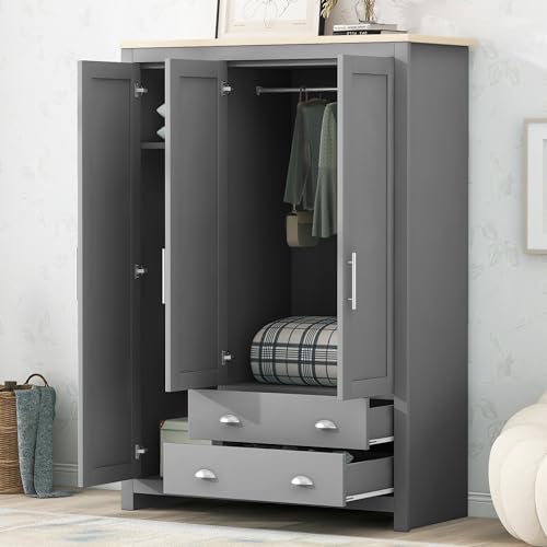 GYYBED Three Door Storage Wardrobe with Cabinets and Two Hanging Rods,Bedroom Clothes Cabinet Organizer Bedroom armoires Freestanding Armoire Wardrobe Closet, Clothes Storage Cabinet Organizer
