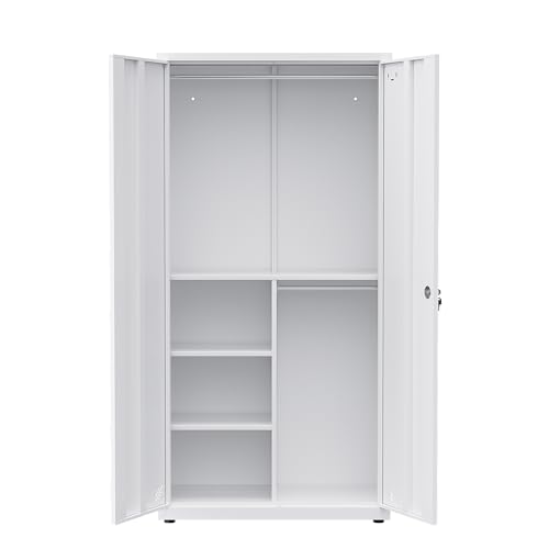 SEANAURO Metal Wardrobe Closet with 2 Hanging Rod Bars, 3 Shelves, 1 Tag Frame Locker - 70.87" Tall, White, Stainless Steel Armoire for Home, School, Office, Gym, Garage