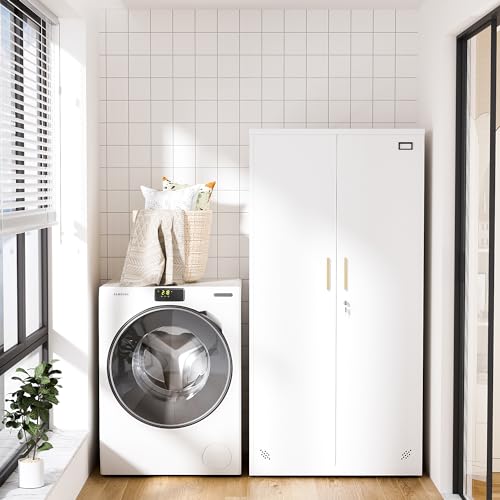 SEANAURO Metal Wardrobe Closet with 2 Hanging Rod Bars, 3 Shelves, 1 Tag Frame Locker - 70.87" Tall, White, Stainless Steel Armoire for Home, School, Office, Gym, Garage