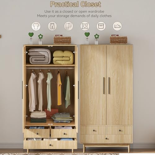 Mxtxmy Armoire Wardrobe Closet with 2 Fluted Doors,64.96" Wooden Clothes Storage Cabinet with Hanging Rod and Shelf Storage,Wardrobe Cabinet with 3 Drawers,Freestanding Closet for Bedroom,Natural