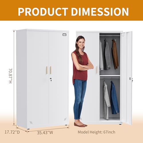 SEANAURO Metal Wardrobe Closet with 2 Hanging Rod Bars, 3 Shelves, 1 Tag Frame Locker - 70.87" Tall, White, Stainless Steel Armoire for Home, School, Office, Gym, Garage