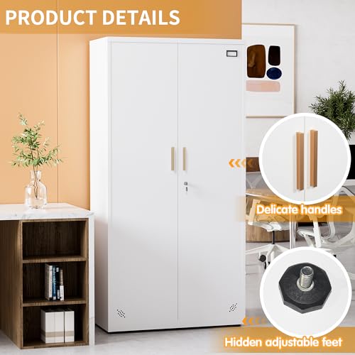 SEANAURO Metal Wardrobe Closet with 2 Hanging Rod Bars, 3 Shelves, 1 Tag Frame Locker - 70.87" Tall, White, Stainless Steel Armoire for Home, School, Office, Gym, Garage