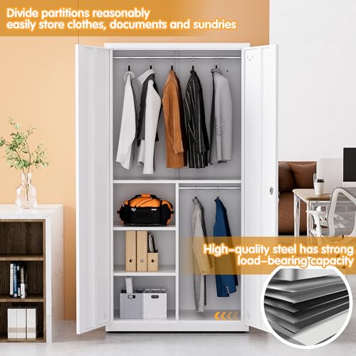SEANAURO Metal Wardrobe Closet with 2 Hanging Rod Bars, 3 Shelves, 1 Tag Frame Locker - 70.87" Tall, White, Stainless Steel Armoire for Home, School, Office, Gym, Garage
