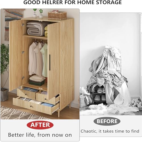 Mxtxmy Armoire Wardrobe Closet with 2 Fluted Doors,64.96" Wooden Clothes Storage Cabinet with Hanging Rod and Shelf Storage,Wardrobe Cabinet with 3 Drawers,Freestanding Closet for Bedroom,Natural