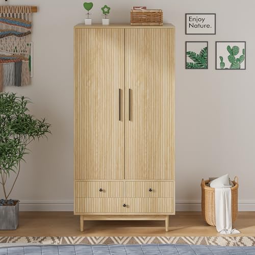 Mxtxmy Armoire Wardrobe Closet with 2 Fluted Doors,64.96" Wooden Clothes Storage Cabinet with Hanging Rod and Shelf Storage,Wardrobe Cabinet with 3 Drawers,Freestanding Closet for Bedroom,Natural