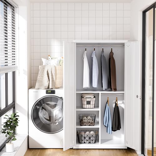 SEANAURO Metal Wardrobe Closet with 2 Hanging Rod Bars, 3 Shelves, 1 Tag Frame Locker - 70.87" Tall, White, Stainless Steel Armoire for Home, School, Office, Gym, Garage