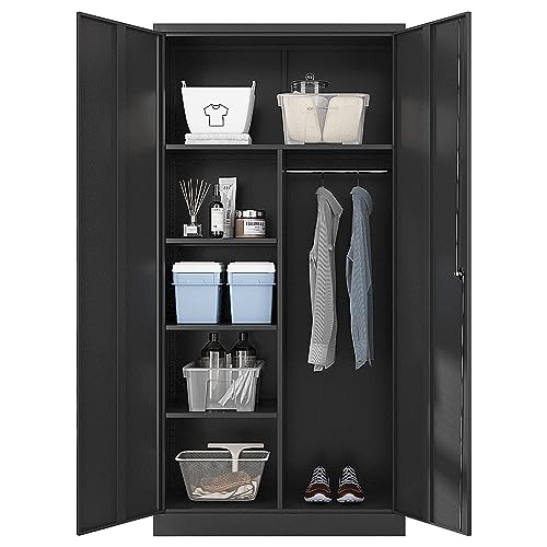 Yizosh Metal Armoire Wardrobe Closet Cabinet for Hanging Clothes with Lock Doors, -72" Steel Lockable Wardrobe Storage Locker Clothes Organizer for Bedroom, Laundry Room (Black)