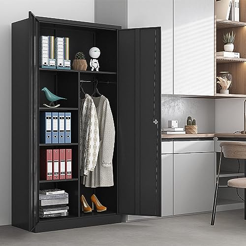 Yizosh Metal Armoire Wardrobe Closet Cabinet for Hanging Clothes with Lock Doors, -72" Steel Lockable Wardrobe Storage Locker Clothes Organizer for Bedroom, Laundry Room (Black)