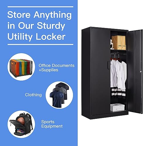 Yizosh Metal Armoire Wardrobe Closet Cabinet for Hanging Clothes with Lock Doors, -72" Steel Lockable Wardrobe Storage Locker Clothes Organizer for Bedroom, Laundry Room (Black)