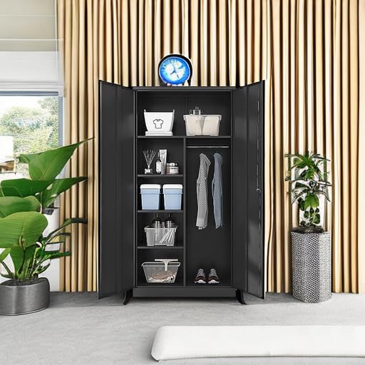 Yizosh Metal Armoire Wardrobe Closet Cabinet for Hanging Clothes with Lock Doors, -72" Steel Lockable Wardrobe Storage Locker Clothes Organizer for Bedroom, Laundry Room (Black)