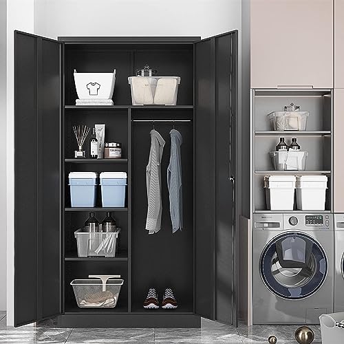 Yizosh Metal Armoire Wardrobe Closet Cabinet for Hanging Clothes with Lock Doors, -72" Steel Lockable Wardrobe Storage Locker Clothes Organizer for Bedroom, Laundry Room (Black)