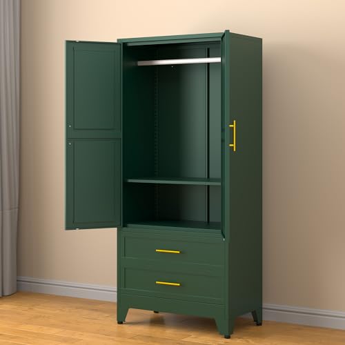 RISTERN 71” Metal Storage Cabinet with 2 Doors, 1 Adjustable Shelf and 2 Draws, Armoire Wardrobe Closet with Hanging Rods for Home Office, Bedroom, Living Room (Green)