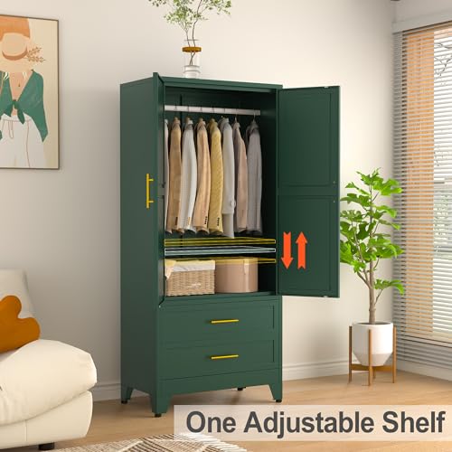 RISTERN 71” Metal Storage Cabinet with 2 Doors, 1 Adjustable Shelf and 2 Draws, Armoire Wardrobe Closet with Hanging Rods for Home Office, Bedroom, Living Room (Green)