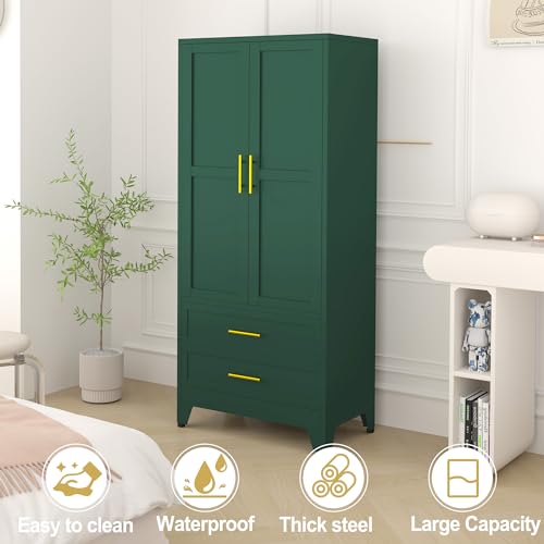 RISTERN 71” Metal Storage Cabinet with 2 Doors, 1 Adjustable Shelf and 2 Draws, Armoire Wardrobe Closet with Hanging Rods for Home Office, Bedroom, Living Room (Green)