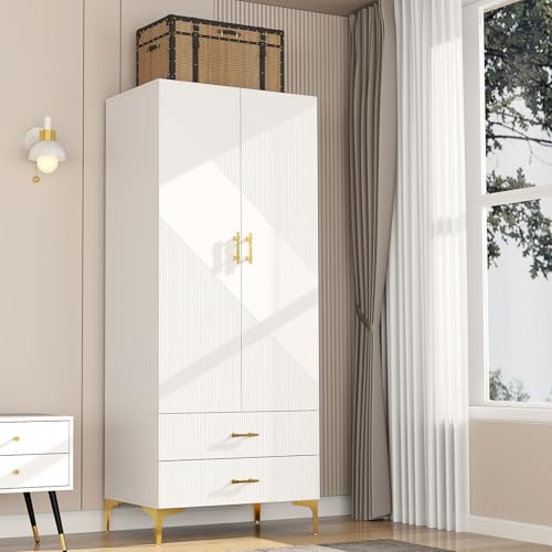 Wood White Wardrobe Closet with Drawers: 2 Doors - 2 Drawers and Armoire with Hanging 1 Rod - Cabinet Handle with Metal Legs - Tall Wardrobe Closet with 20.4" D x 31.5" W x 76.8" H