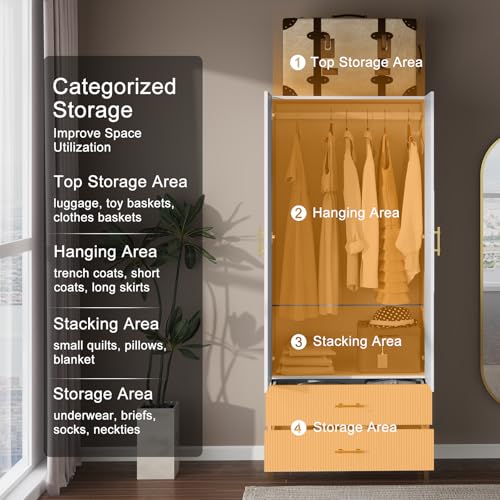 Wood White Wardrobe Closet with Drawers: 2 Doors - 2 Drawers and Armoire with Hanging 1 Rod - Cabinet Handle with Metal Legs - Tall Wardrobe Closet with 20.4" D x 31.5" W x 76.8" H