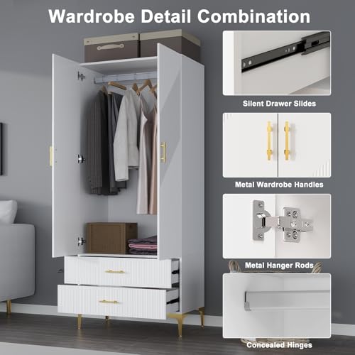 Wood White Wardrobe Closet with Drawers: 2 Doors - 2 Drawers and Armoire with Hanging 1 Rod - Cabinet Handle with Metal Legs - Tall Wardrobe Closet with 20.4" D x 31.5" W x 76.8" H