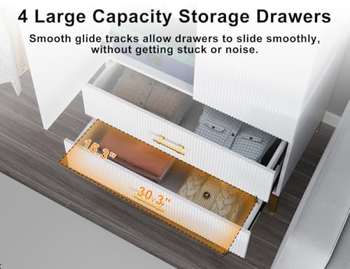 Wood White Wardrobe Closet with Drawers: 2 Doors - 2 Drawers and Armoire with Hanging 1 Rod - Cabinet Handle with Metal Legs - Tall Wardrobe Closet with 20.4" D x 31.5" W x 76.8" H